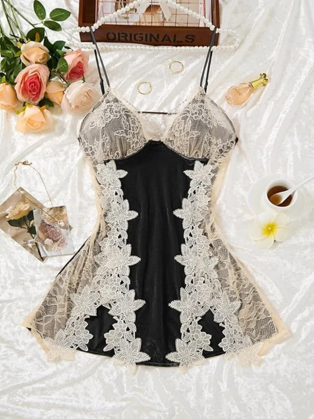 Sexy Pearls‎ Split Padded Velvet Appliques Lace Floral Sheer Mini Lingerie Dress